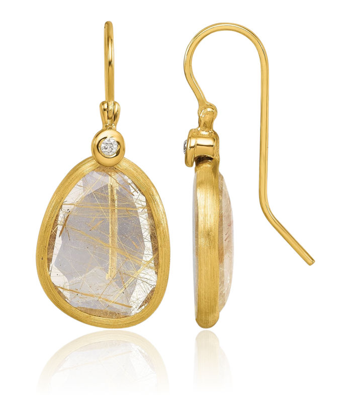 14K Solid Yellow Gold Diamond Rutilated Quartz Shephard Hook Drop Dangle Earrings