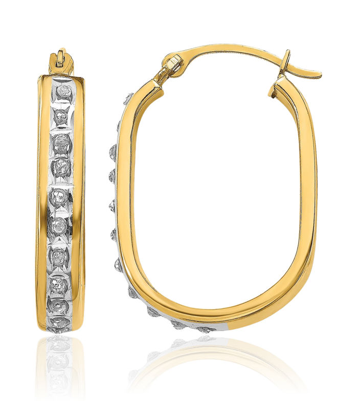 14K Solid Yellow Gold Diamond Square Medium Hoop Earrings