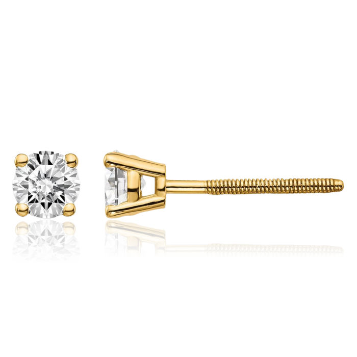 14K Solid Yellow Gold Diamond Studs Post Screw Back Earrings