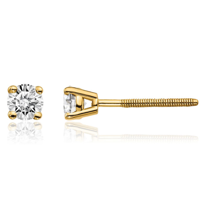 14K Solid Yellow Gold Diamond Studs Post Screw Back Earrings