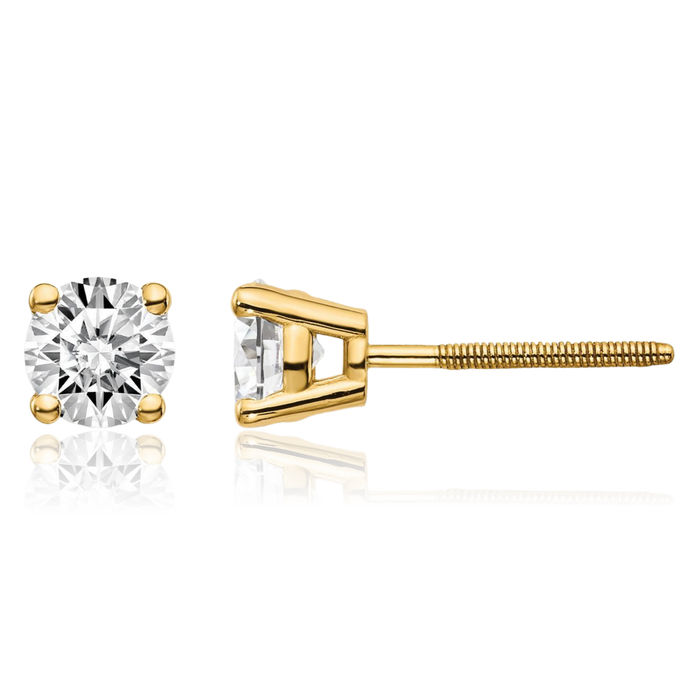 14K Solid Yellow Gold Diamond Studs Post Screw Back Earrings