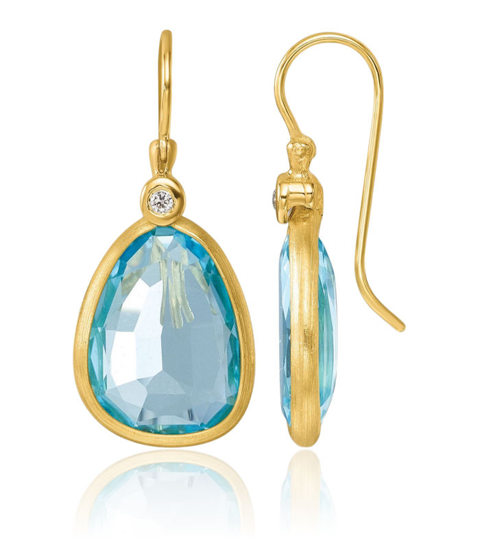 14K Solid Yellow Gold Diamond Swiss Blue Topaz Shephard Hook Drop Dangle Earrings