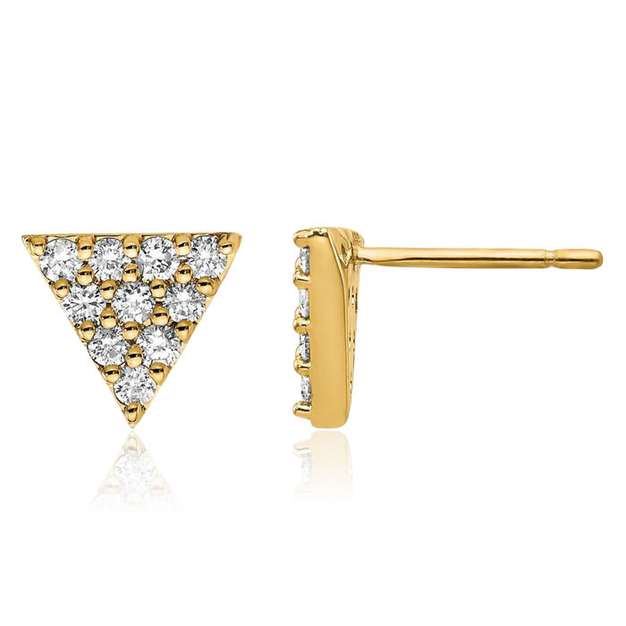 14K Solid Yellow Gold Diamond Triangle Stud Earrings