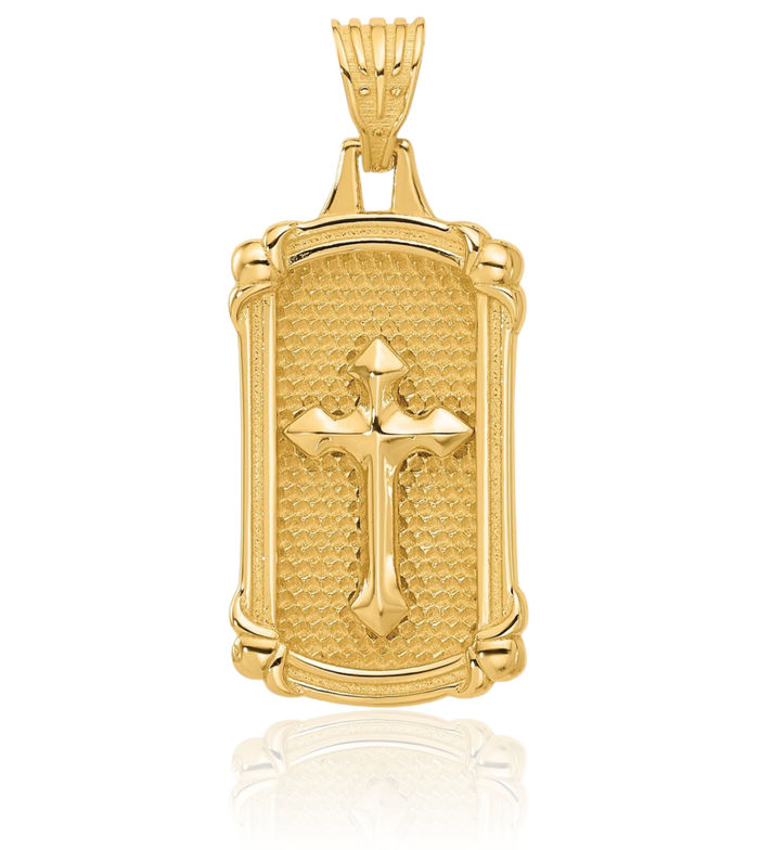 14K Solid Yellow Gold Dog Tag Holy Cross Necklace Religious Chain Pendant Jesus Christ Charm