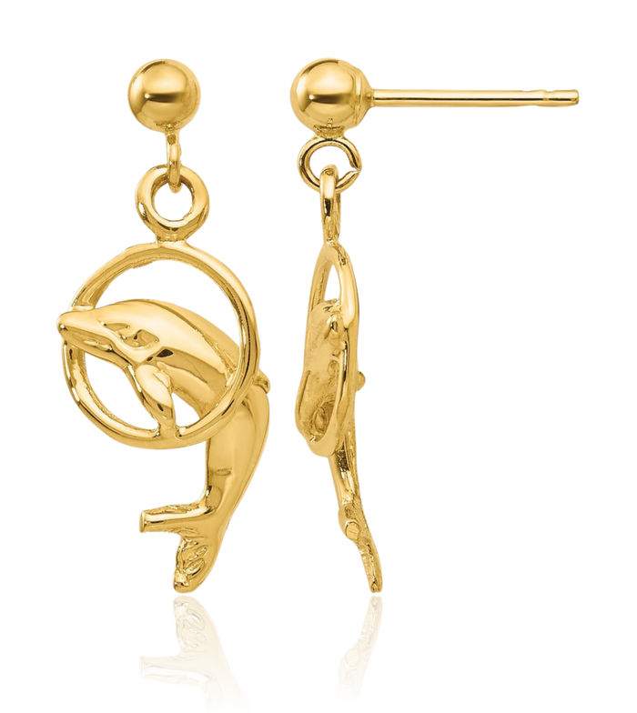 14K Solid Yellow Gold Sea Dolphin Ocean Fish Beach Nautical Drop Dangle Earrings