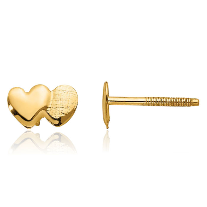 14K Solid Yellow Gold Double Heart Stud Earrings