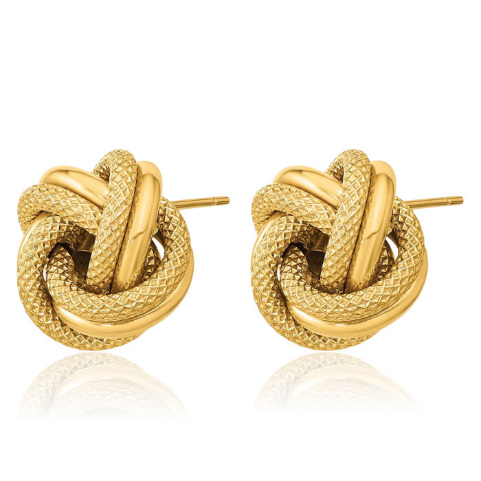 14K Solid Yellow Gold Double Twisted Love Knot Symbol Stud Earrings