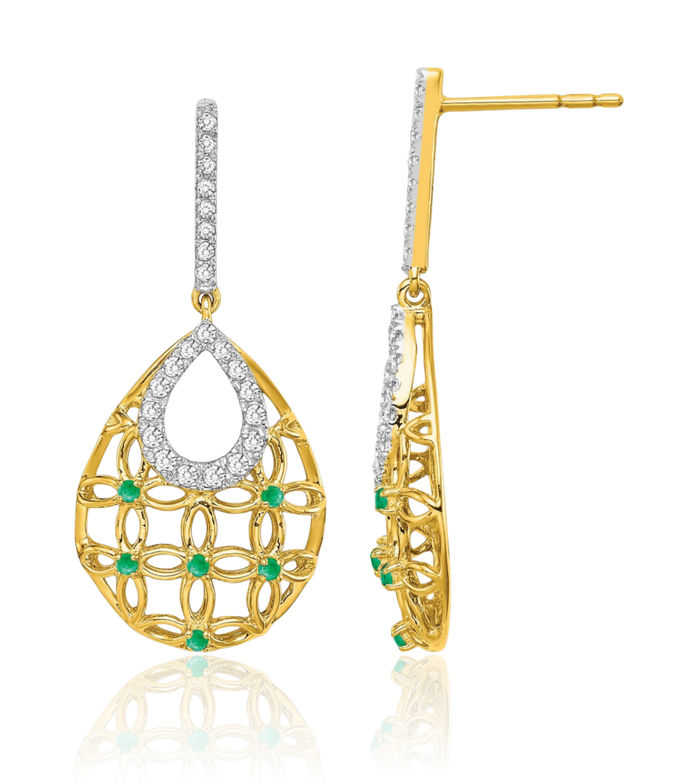 14K Solid Yellow Gold Green Emerald Diamond Drop Dangle Earrings Gemstone Post Push Back May Birthstone Jewelry