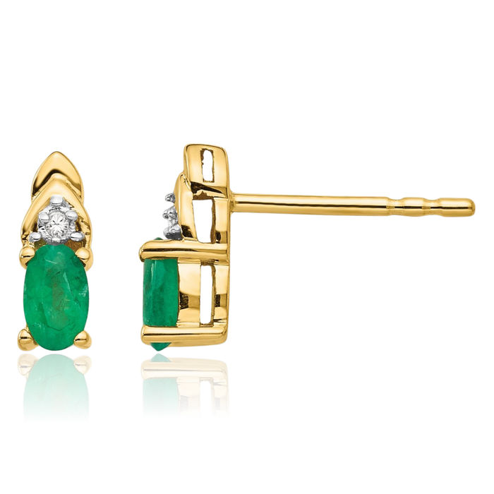 14K Solid Yellow Gold Green Emerald Diamond Drop Dangle Stud Earrings May Birthstone Jewelry