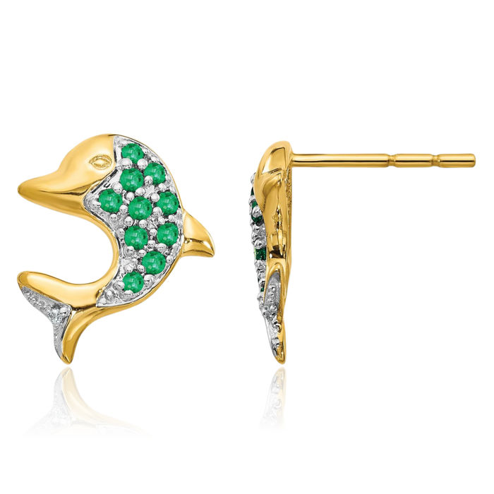 14K Solid Yellow Gold Green Emerald Diamond Sea Dolphin Ocean Fish Beach Nautical Stud Earrings