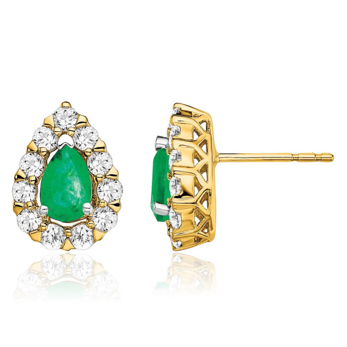 14K Solid Yellow Gold Green Emerald Diamond Halo Round Studs Pear Teardrop Gemstone Earrings May Birthstone Jewelry