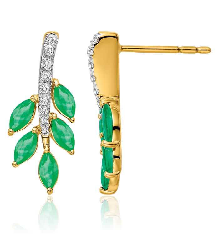 14K Solid Yellow Gold Green Emerald Diamond Leaf Drop Dangle Earrings Gemstone Post Push Back May Birthstone Jewelry