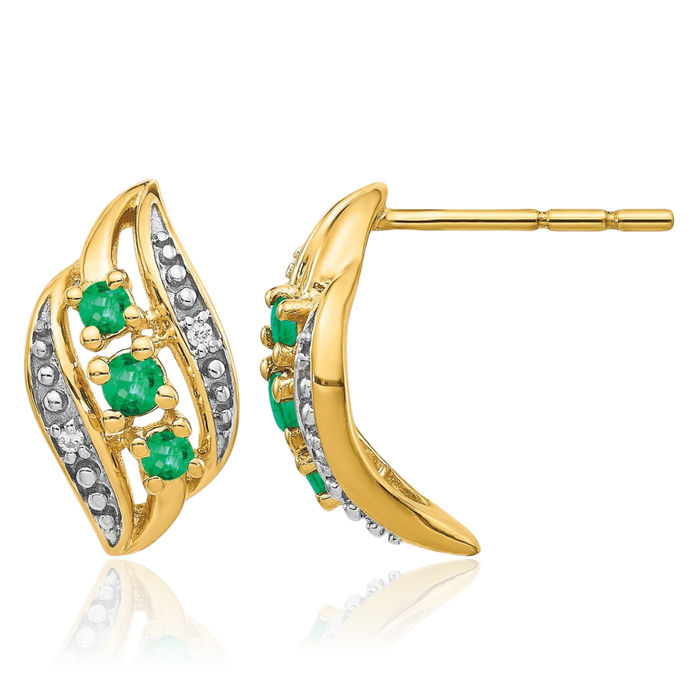 14K Solid Yellow Gold Green Emerald Diamond Stud Earrings Gemstone Post Push Back