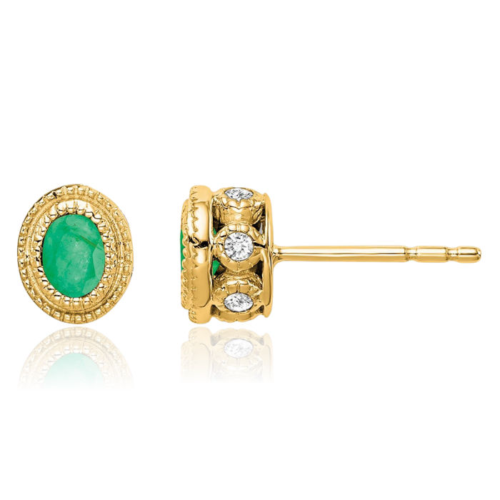 14K Solid Yellow Gold Green Emerald Diamond Stud Earrings May Birthstone Jewelry