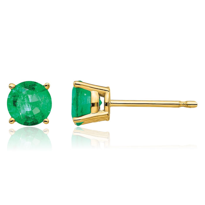 14K Solid Yellow Gold Green Emerald Studs Gemstone Solitaire Earrings May Birthstone Jewelry