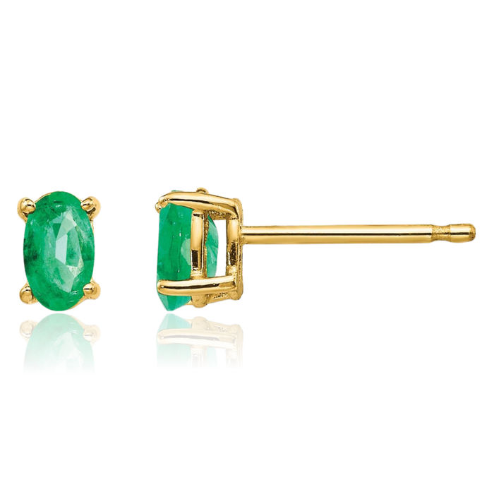 14K Solid Yellow Gold Green Emerald Studs Gemstone Solitaire Earrings May Birthstone Jewelry