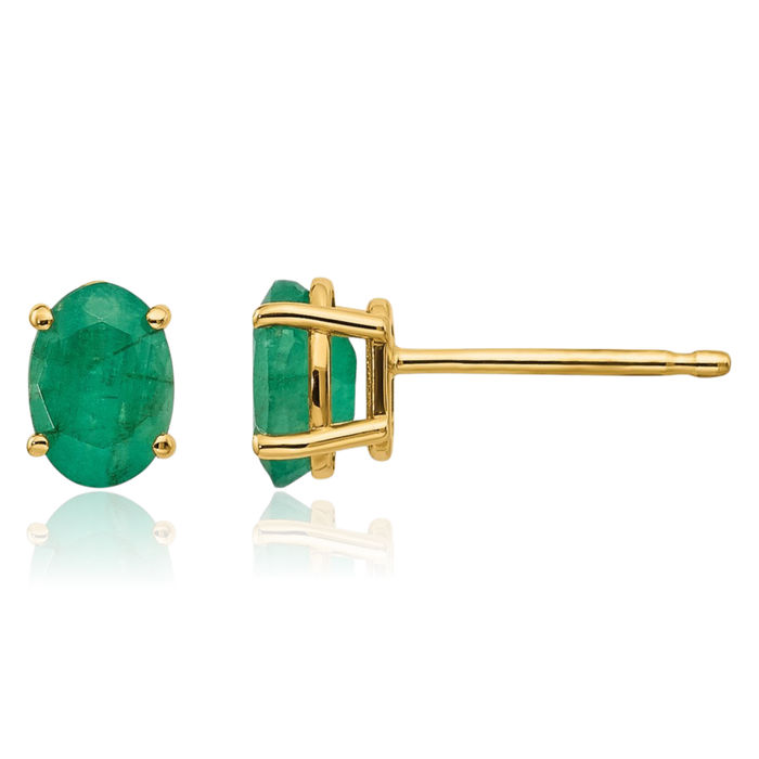 14K Solid Yellow Gold Green Emerald Studs Gemstone Earrings May Birthstone Jewelry