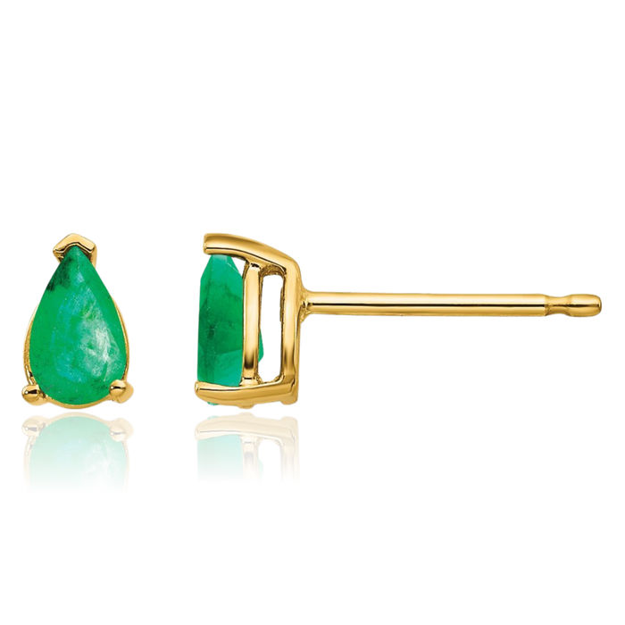 14K Solid Yellow Gold Green Emerald Studs Pear Teardrop Gemstone Solitaire Earrings May Birthstone Jewelry