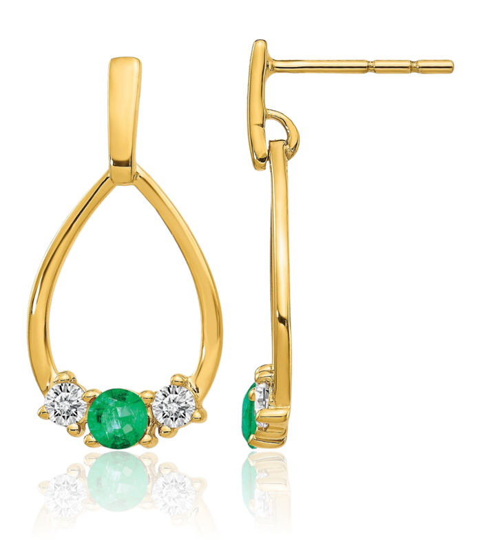 14K Solid Yellow Gold Green Emerald White Sapphire Post Drop Dangle Earrings