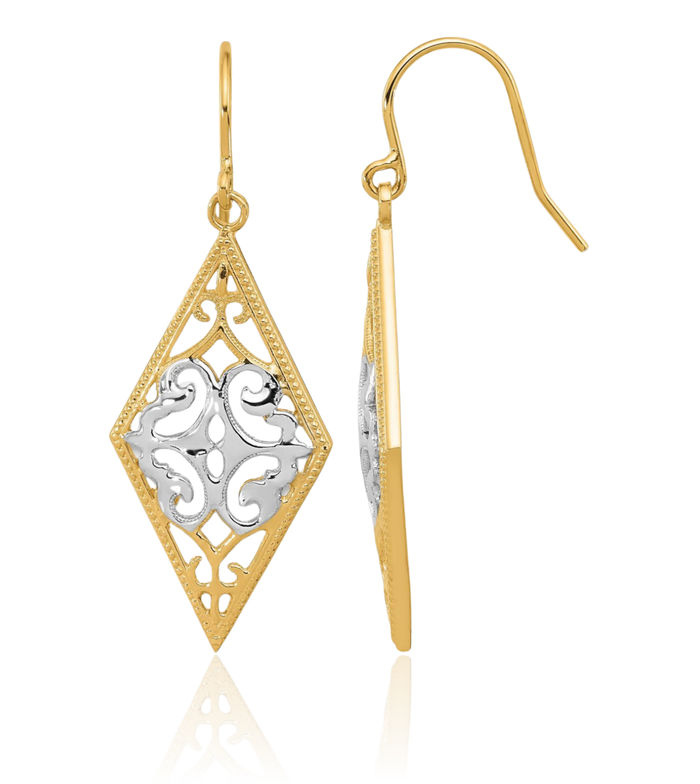 14K Solid Yellow Gold Antique Filigree Drop Dangle Earrings