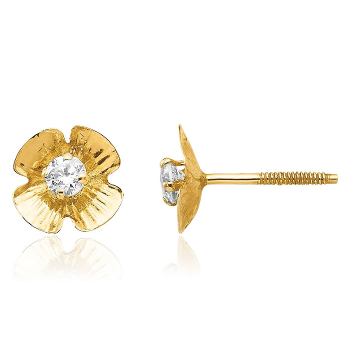 14K Solid Yellow Gold Flower 2.5mm Cubic Zirconia CZ Stud Earrings