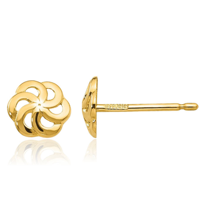 14K Solid Yellow Gold Flower Stud Earrings