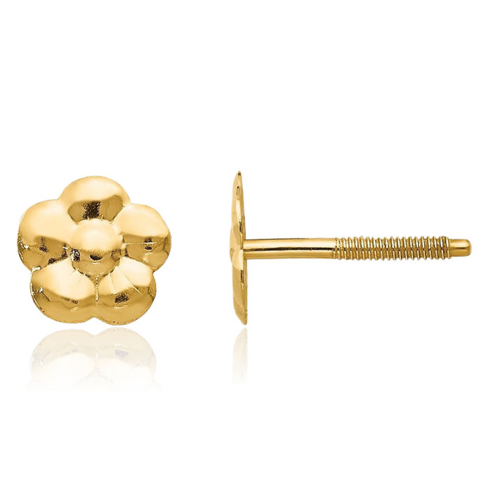 14K Solid Yellow Gold Flower Stud Earrings