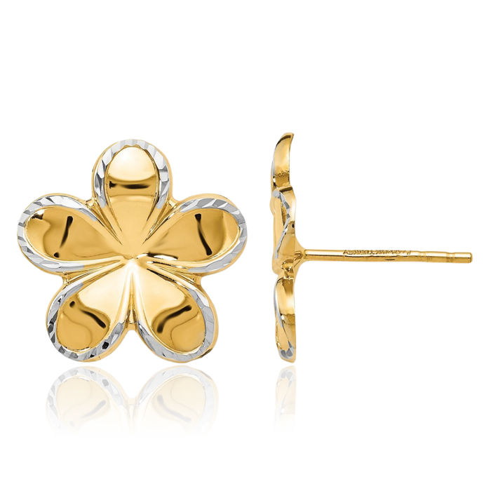 14K Solid Yellow Gold Flower Stud Earrings