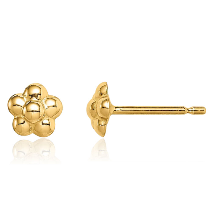 14K Solid Yellow Gold Flower Stud Earrings