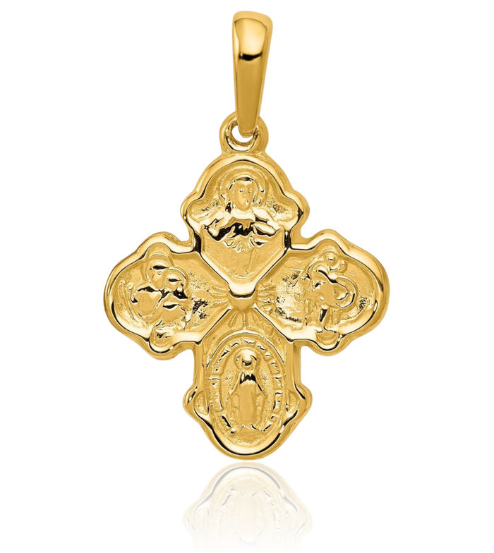 14K Solid Yellow Gold Four Way Holy Cross Religious Medal Necklace Christian Pendant Scapular Charm