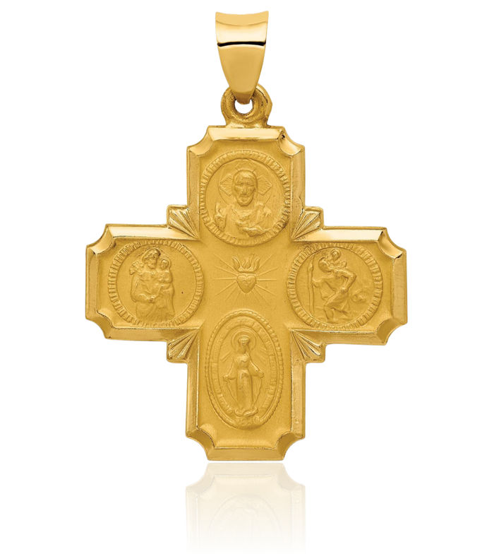 14K Solid Yellow Gold Four Way Holy Cross Religious Medal Necklace Christian Pendant Scapular Charm