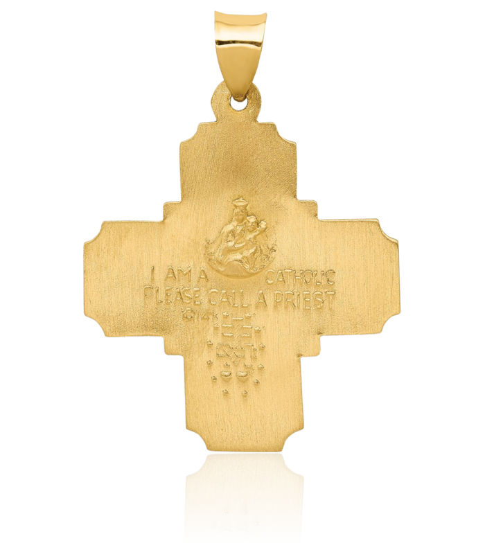 14K Solid Yellow Gold Four Way Holy Cross Religious Medal Necklace Christian Pendant Scapular Charm