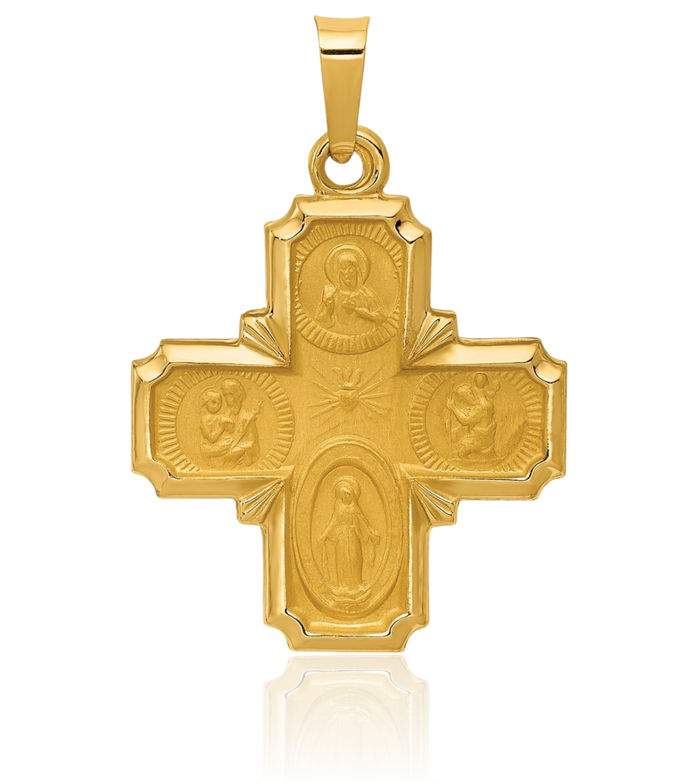 14K Solid Yellow Gold Four Way Holy Cross Religious Medal Necklace Christian Pendant Scapular Charm