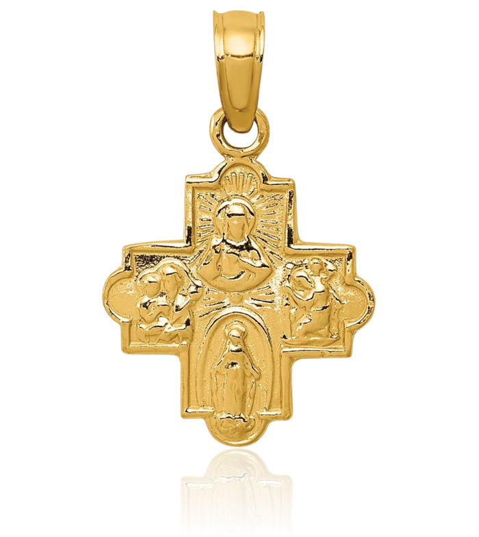 14K Solid Yellow Gold Four Way Holy Cross Religious Medal Necklace Christian Pendant Scapular Charm