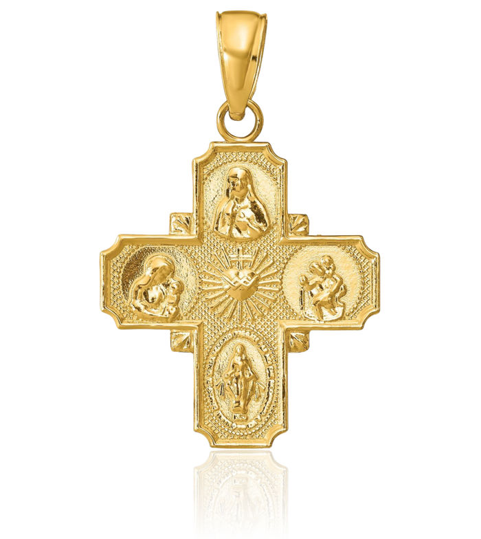 14K Solid Yellow Gold Four Way Holy Cross Religious Medal Necklace Christian Pendant Scapular Charm