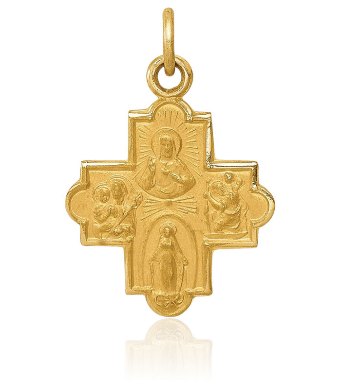 14K Solid Yellow Gold Four Way Holy Cross Religious Medal Necklace Christian Pendant Scapular Charm