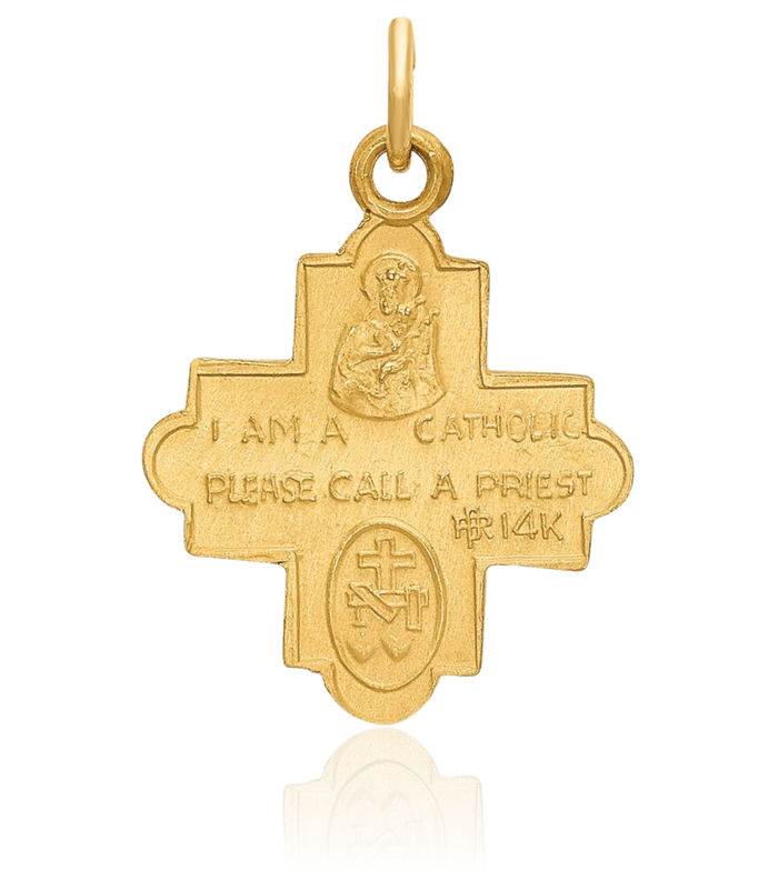 14K Solid Yellow Gold Four Way Holy Cross Religious Medal Necklace Christian Pendant Scapular Charm