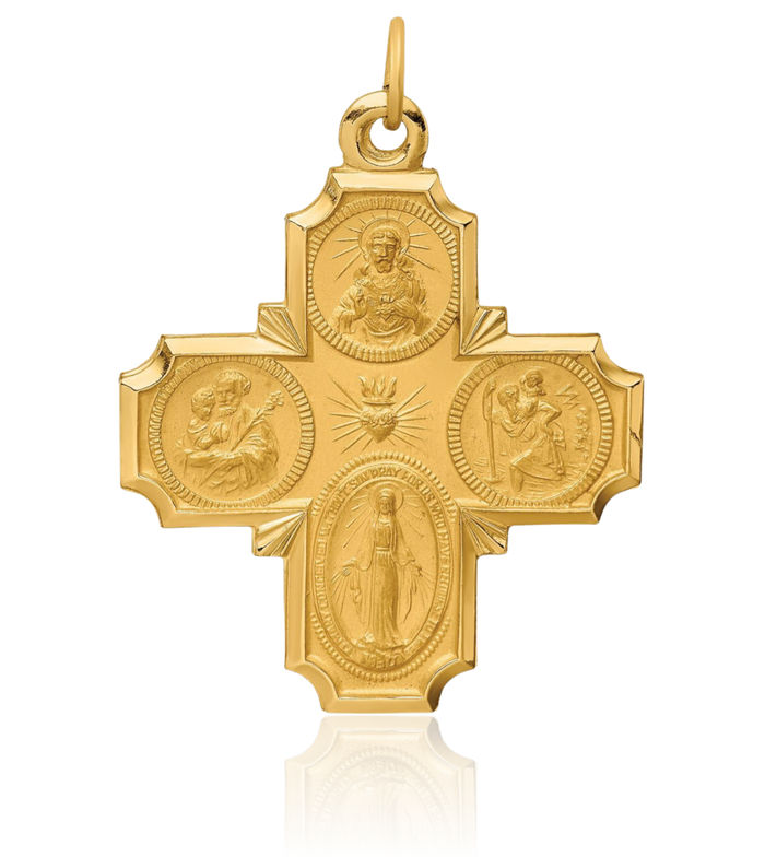 14K Solid Yellow Gold Four Way Holy Cross Religious Medal Necklace Christian Pendant Scapular Charm