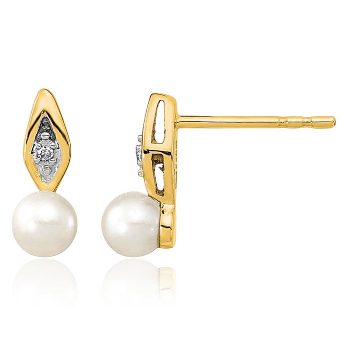 14K Solid Yellow Gold Freshwater Cultured Pearl Diamond Stud Earrings June Birthstone Jewelry