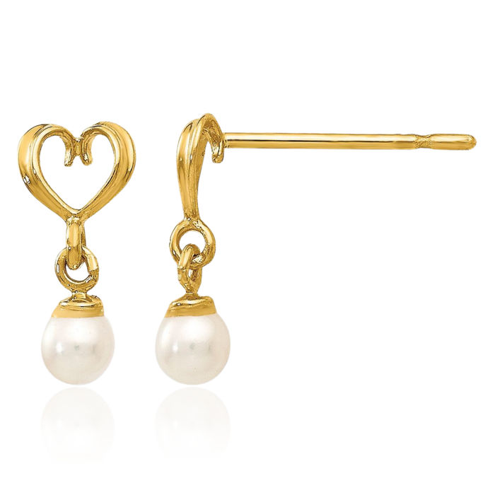 14K Solid Yellow Gold Freshwater Cultured Pearl Heart Drop Dangle Earrings