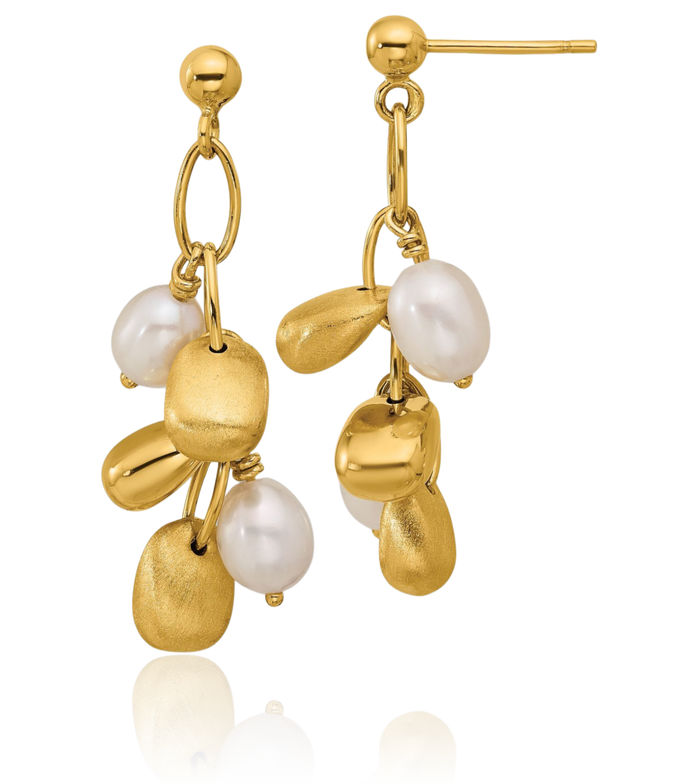 14K Solid Yellow Gold Freshwater Cultured Pearl Post Drop Dangle Earrings