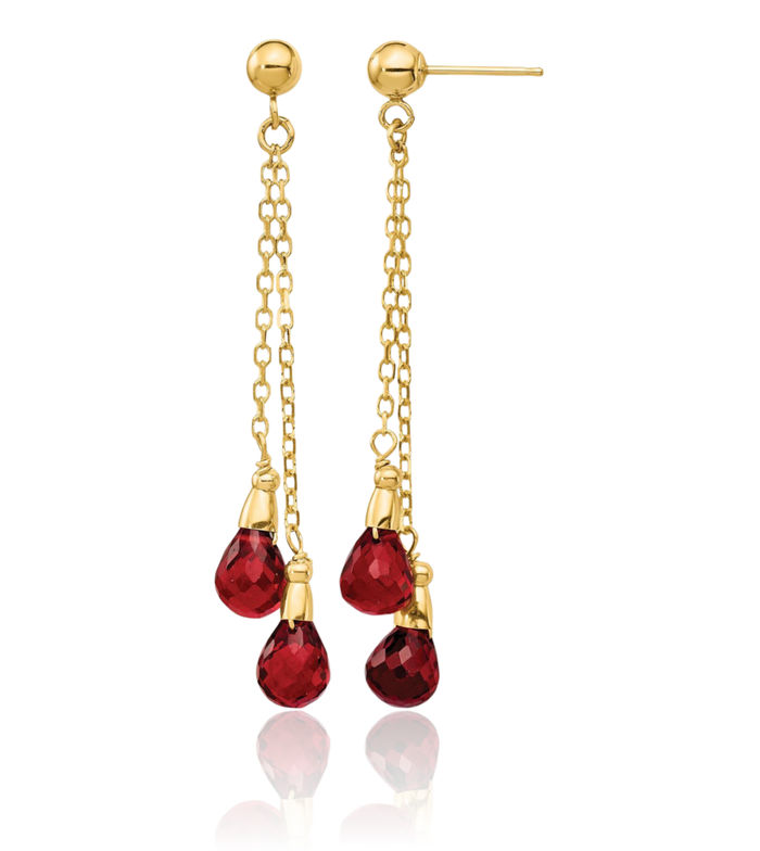 14K Solid Yellow Gold Red Garnet Drop Dangle Earrings
