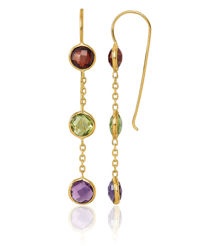 14K Solid Yellow Gold Red Garnet Green Peridot Purple Amethyst Shephard Hook Drop Dangle Earrings