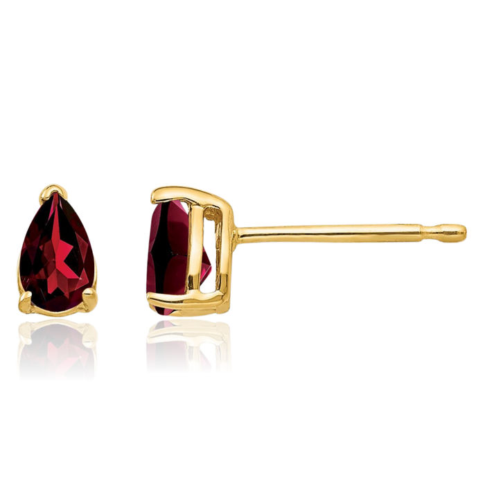 14K Solid Yellow Gold Red Garnet Studs Pear Teardrop Gemstone Solitaire Earrings January Birthstone Jewelry