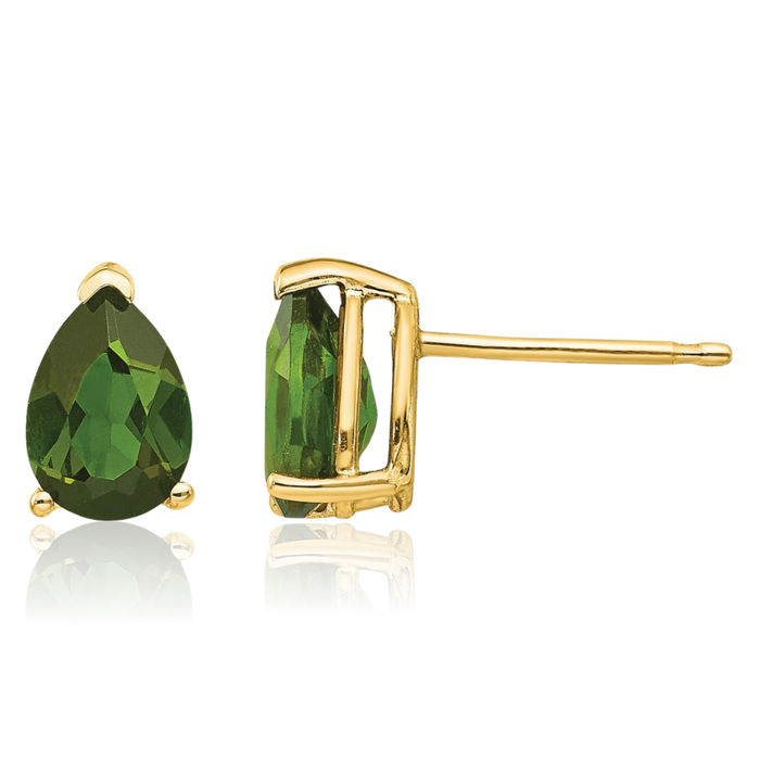 14K Solid Yellow Gold Green Tourmaline Studs Pear Teardrop Gemstone Solitaire Earrings