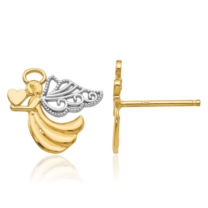 14K Solid Yellow Gold Guardian Angel Wings Heart Stud Earrings