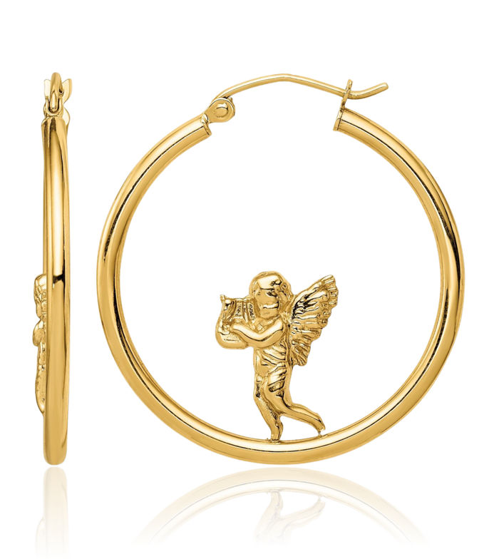 14K Solid Yellow Gold Guardian Angel Wings Round Large Hoop Earrings