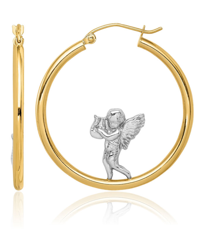 14K Solid Yellow Gold Guardian Angel Wings Round Medium Hoop Earrings
