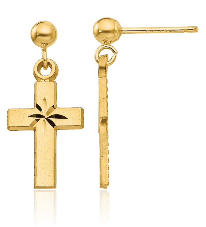 14K Solid Yellow Gold Hanging Holy Cross Christian Religious Drop Dangle Earrings