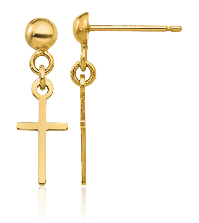 14K Solid Yellow Gold Hanging Holy Cross Christian Religious Drop Dangle Earrings